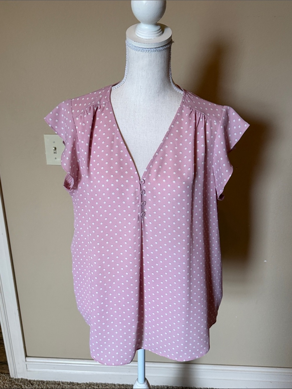 Dusty Pink Polka Dot V-Neck Flutter Sleeve Blouse